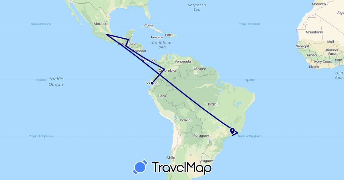 TravelMap itinerary: driving in Brazil, Colombia, Costa Rica, Ecuador, Guatemala, Mexico, Panama (North America, South America)
