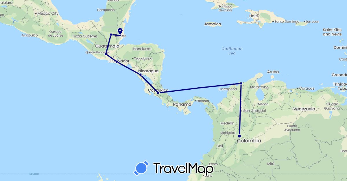 TravelMap itinerary: driving in Belize, Colombia, Costa Rica, Guatemala, Nicaragua, El Salvador (North America, South America)